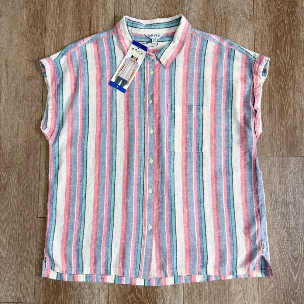 NWT Orvis Linen Blend Multi Striped Button Down Shirt Size Large